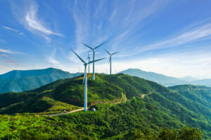 Wind turbines against blue sky.Green energy concept.Zhoushan,Zhejiang province,China.